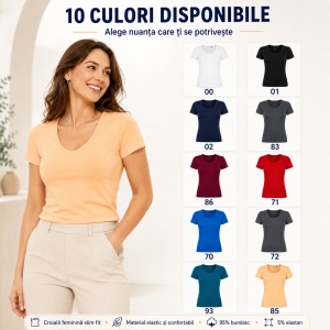 Tricou Damă Elastic cu Decolteu Adânc, Croială Slim Fit, 95% Bumbac, 5% Elastan, 10 Culori, XS–2XL - Img 8