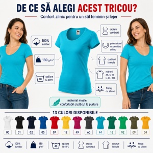 Tricou Damă Malfini Viper 161, 100% Bumbac, Single Jersey, Guler Rotund cu Decolteu Adânc, Croială Cambrată, 180 g/m², 13 Nuanțe, XS–2XL - Img 2