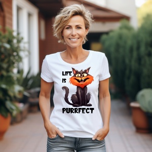 Femeie zâmbitoare cu păr scurt și blond, purtând un tricou alb cu un design grafic ce afișează o pisică neagră cu expresie veselă și textul 'LIFE IS PURRFECT,' pozând într-o curte plină de verdeață.