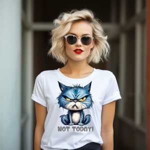 Femeie cu păr blond și buze roșii, purtând ochelari de soare și un tricou alb cu un design grafic ce afișează o pisică albastră cu expresie morocănoasă și textul 'NOT TODAY!', pozând într-un cadru urban.