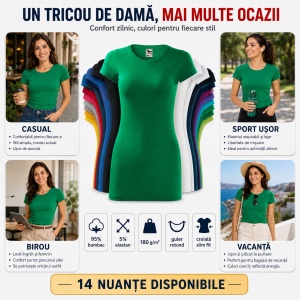 Tricou Damă Slim Fit Elastic, 95% Bumbac și 5% Elastan, Guler Rotund, Mâneci Scurte, 14 Culori, XS–2XL - Img 8