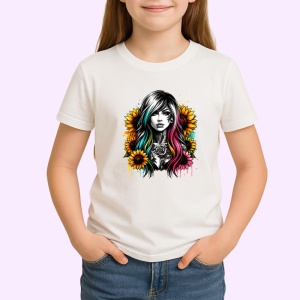Tricou dark hair girl sunflower background, fata cu par inchis si fundal floarea soarelui, Copii | Dama | Barbat - Img 3