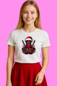 Tricou Deadpool Christmas Cu Esarfa Si Lumini, din bumbac 100%, tricou alb, Copii | Dama | Barbat - Img 3
