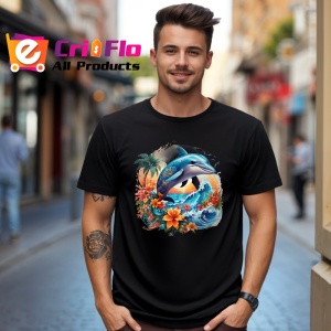 Tricou Delfini sarind in valuri cu flori tropicale Copii | Dama | Barbat, culoare negru - Img 5