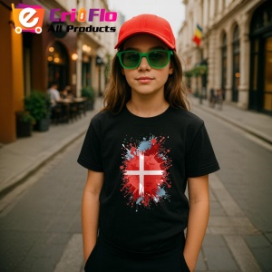 Tricou Denmark Steag Splash Art, Copii | Dama | Barbat, culoare negru - Img 8