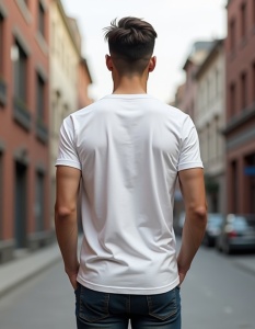 Bărbat văzut din spate, purtând un tricou alb. Tricoul are un design minimalist, fără detalii vizibile pe spate. Bărbatul se află într-o stradă îngustă, înconjurat de clădiri cu arhitectură urbană, ceea ce sugerează un ambient plăcut și relaxat. Pe fundal