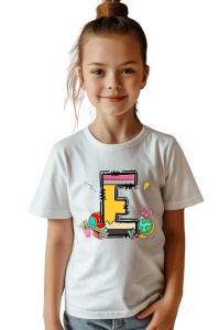 Tricou din bumbac 100% pentru copii, litera E, Back To School, educatie, creioane, carti - Img 2