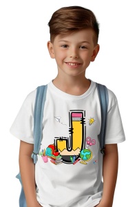 Tricou din bumbac 100% pentru copii, litera J, Back To School, educatie, creioane, carti