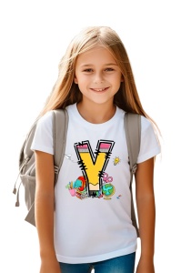 Tricou din bumbac 100% pentru copii, litera Y, Back To School, educatie, creioane, carti - Img 2
