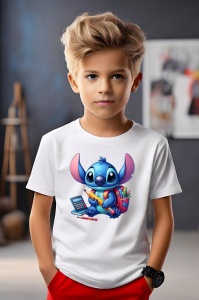 Tricou din bumbac 100% pentru copii, Stitch, Back To School, educatie, calculator, creioane - Img 5