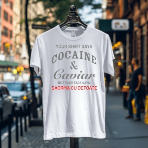 Tricou alb agățat pe un cuier, expus pe o stradă urbană aglomerată, cu text amuzant: 'YOUR SHIRT SAYS COCAINE & CAVIAR BUT YOUR FACE SAYS ȘAORMA CU DE TOATE'.