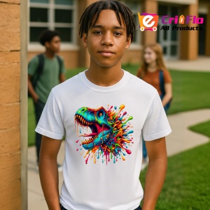 Tricou Dinozaur curcubeu cu ochelari fundal rosu Copii | Dama | Barbat - Img 5