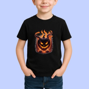 Tricou Dovleac Halloween cu coarne si flacari portocalii Copii | Dama | Barbat, culoare negru - Img 3