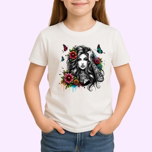 Tricou elegant black hair flower burst, fata cu par negru si explozie florala, Copii | Dama | Barbat - Img 3