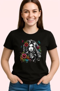 Tricou Elegant black hair flower burst, fata cu par negru si explozie florala, Copii | Dama | Barbat , tricou negru - Img 3
