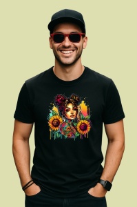 Tricou Floral tattoo girl sunflower pop, fata tatuata cu accent floarea soarelui, Copii | Dama | Barbat , tricou negru - Img 4