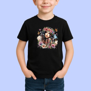 Tricou Flower crown butterflies girl tattooed, fata cu coronita fluturi si tatuaje, Copii | Dama | Barbat , tricou negru - Img 2