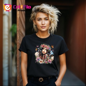Tricou Flower crown butterflies girl tattooed, fata cu coronita fluturi si tatuaje, Copii | Dama | Barbat , tricou negru