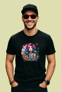Tricou Flower crown girl rainbow hair, fata cu coroana de flori si par curcubeu, Copii | Dama | Barbat , tricou negru - Img 4