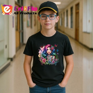 Tricou Flower crown girl rainbow hair, fata cu coroana de flori si par curcubeu, Copii | Dama | Barbat , tricou negru - Img 5