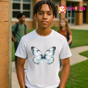 Tricou Fluture alb sidefat cu accente gri elegant si subtil Copii | Dama | Barbat Barbat - Img 4