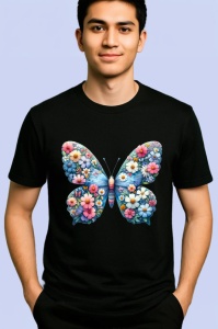 Tricou Fluture albastru cu flori pe aripi grafica vesela Copii | Dama | Barbat, negru - Img 2