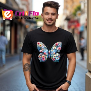 Tricou Fluture albastru cu flori pe aripi grafica vesela Copii | Dama | Barbat, negru - Img 6