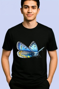 Tricou Fluture albastru cu galben model simetric ilustrat Copii | Dama | Barbat, negru - Img 2