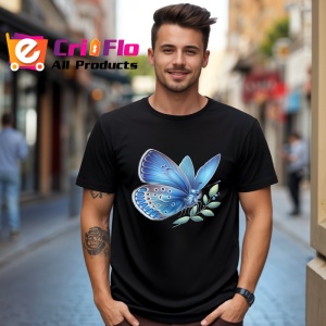 Tricou Fluture albastru pastel pe frunza fundal simplu Copii | Dama | Barbat, negru - Img 5