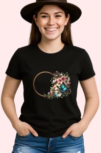 Tricou Fluture albastru pe coronita florala stil romantic decorativ Copii | Dama | Barbat, negru - Img 3