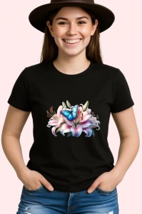 Tricou Fluture albastru pe crin roz compozitie florala vibranta Copii | Dama | Barbat, negru - Img 4