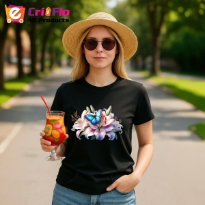 Tricou Fluture albastru pe crin roz compozitie florala vibranta Copii | Dama | Barbat, negru