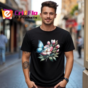 Tricou Fluture albastru pe flori de magnolie compozitie botanica Copii | Dama | Barbat, negru - Img 6
