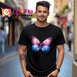 Tricou Fluture albastru pe flori de magnolie stil romantic Copii | Dama | Barbat, negru - Img 5
