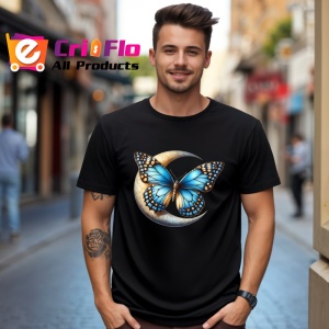 Tricou Fluture albastru pe luna stil mistic si feminin Copii | Dama | Barbat, negru - Img 6
