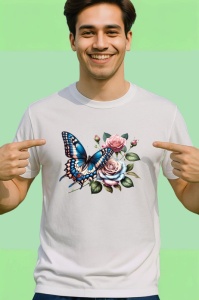 Tricou Fluture albastru pe trandafiri roz compozitie romantica Copii | Dama | Barbat Barbat - Img 2