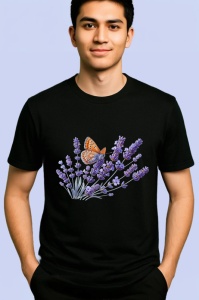 Tricou Fluture portocaliu pe lavanda grafica florala calma si eleganta Copii | Dama | Barbat Barbat - Img 5