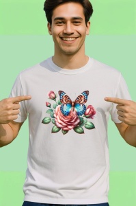 Tricou Fluture portocaliu pe trandafir roz compozitie romantica Copii | Dama | Barbat Barbat - Img 2