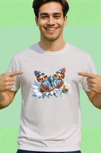 Tricou Fluture portocaliu si albastru pe margareta stil realist Copii | Dama | Barbat Barbat - Img 2
