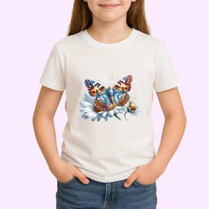 Tricou Fluture portocaliu si albastru pe margareta stil realist Copii | Dama | Barbat Barbat