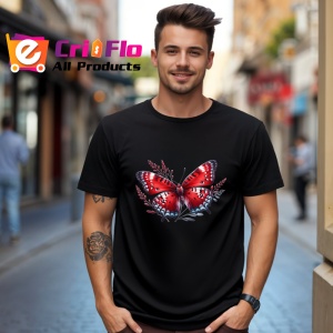 Tricou Fluture rosu cu alb si flori ilustrate desen dinamic Copii | Dama | Barbat Barbat - Img 17