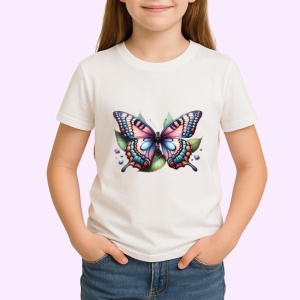 Tricou Fluture roz si violet pe frunze verzi compozitie ilustrativa Copii | Dama | Barbat Barbat
