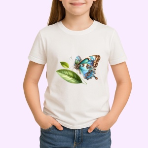 Tricou Fluture turcoaz si maro pe frunze stil botanic realist Copii | Dama | Barbat Barbat - Img 4