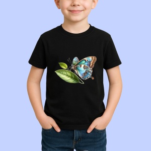 Tricou Fluture turcoaz si maro pe frunze stil botanic realist Copii | Dama | Barbat Barbat - Img 6