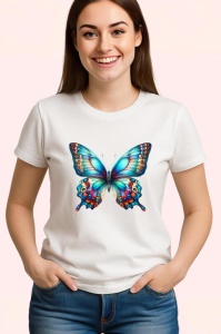 Tricou Fluture turcoaz si portocaliu stil tropical colorat Copii | Dama | Barbat Barbat - Img 3