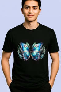 Tricou Fluture turcoaz si roz pe fundal de frunze tropicale Copii | Dama | Barbat Barbat - Img 4