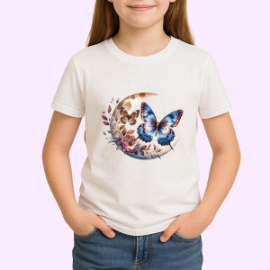 Tricou Fluturi albastri si maro pe luna si flori compozitie mistica Copii | Dama | Barbat Barbat