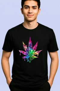 Tricou Frunza cannabis stil graffiti culori neon Copii | Dama | Barbat, culoare negru - Img 2