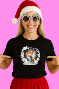 Tricou Girafa Cu Fundal Alb Si Zambet Craciun, din bumbac 100% Copii | Dama | Barbat