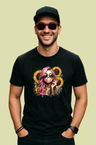 Tricou Girl bubblegum sunflower sunglasses, fata guma de mestecat cu ochelari si floarea soarelui, Copii | Dama | Barbat , tricou negru - Img 3